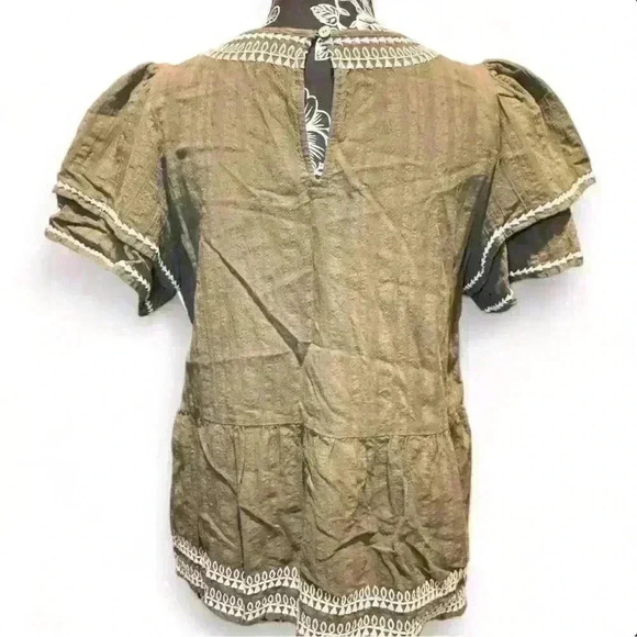 LOFT Women's Petite Medium Olive Green Embroidered Peplum Blouse - Picture 3 of 5